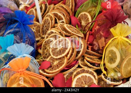 Munich, Germany. Farmers market. Local crafts. Sachets of dried oranges Stock Photo