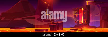 Magic portal on alien planet with lava flow. Vector cartoon illustration of rocky terrain with hot orange magma river, volcano eruption in cave, stone teleport, time travel adventure game background Stock Vector