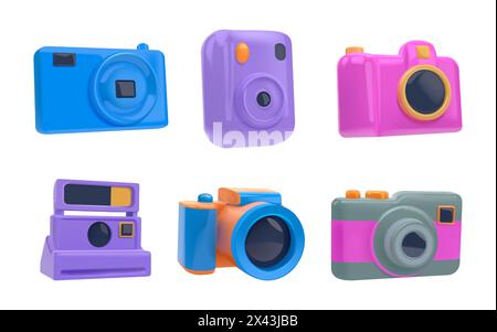 3D photo camera. Photograph creative focus. Vintage picture equipment. Professional photography. Volumetric button for retro art graphic. Photographic device. Optical lens. Vector render icons set Stock Vector