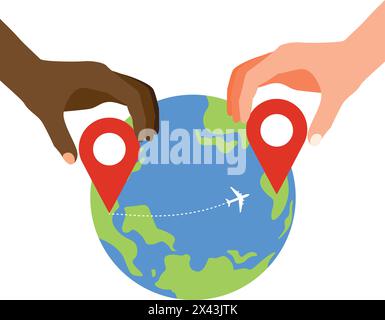 Hand putting pin icon on world map, airline tickets and airplane flying ...