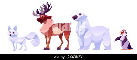 North pole animals. Cartoon vector illustration set of cute toon arctic wild life characters - white fox, brown reindeer with big antlers, polar bear and penguin. Alaska winter mammal and bird. Stock Vector