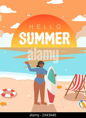 Hello summer. woman with surfboard on the beach. Summer activity, summertime, surfing . Summer Vacation. vector illustration Stock Vector