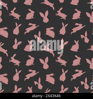 Easter seamless pattern of red rabbit silhouettes in different actions. Festive Easter bunnies design. Isolated on black background. For Easter decora Stock Vector