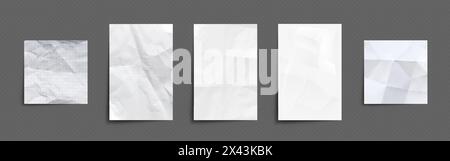 Crumpled and wrinkled white paper mockup. Realistic vector illustration set of creased blank vertical sheet. Empty rough folded cardboard banner template with rumpled surface. Puckered page. Stock Vector