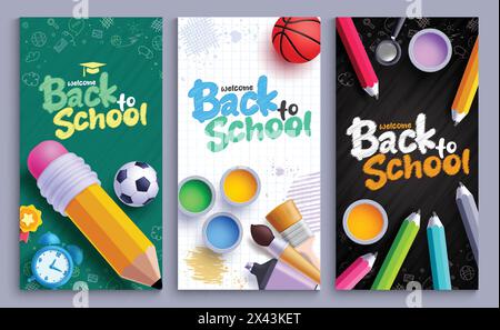 Back to school vector posters set design. Welcome back to school greeting text with pencil, water color, color pencil and brush arts materials Stock Vector