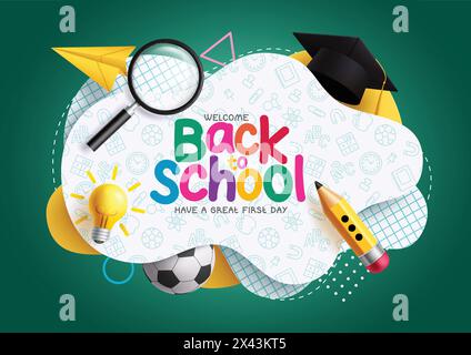 Back to school vector template design. Welcome back to school greeting text with magnifying glass, graduation cap, pencil and ball elements in paper Stock Vector