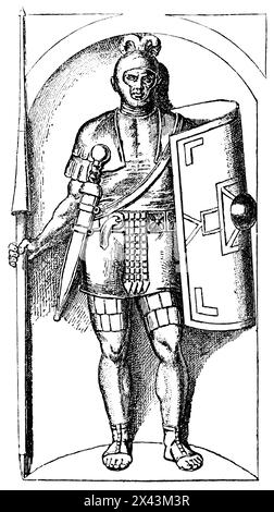 Legionnaire or legionary of the Roman Empire in complete armament, Italy, historic illustration 1884 Stock Photo