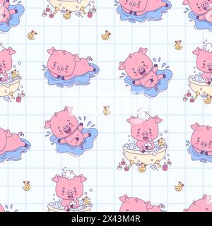 Seamless pattern with bathing pigs. Smiling piggy splashes in water and takes bath with foam on light checkered background. Cute funny kawaii animal c Stock Vector