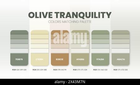 Color palette guide in Olive colour theme collections. Color inspiration or chart with codes template. Color combination set RGB. Colors swatches for Stock Vector