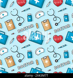 Doctors Seamless Pattern Design with Medical Equipment in Template Hand Drawn Cartoon Illustration Stock Vector