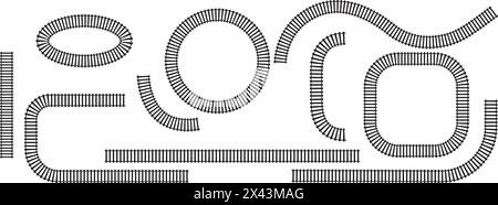 Set of railroad segments. Rail road elements top view. Train track straight and waved lines, circle and oval frames isolated on white background Stock Vector