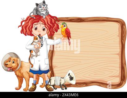 Female vet holding various animals beside a blank sign. Stock Vector