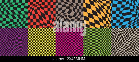 Set of deformated checkered backgrounds. Groovy psychedelic patterns with colorful warped squares. Preppy layouts with optical illusions in retro 60s Stock Vector