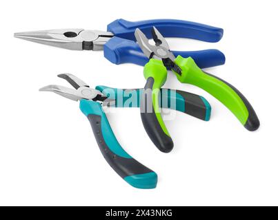 Different pliers isolated on white. Construction tool Stock Photo