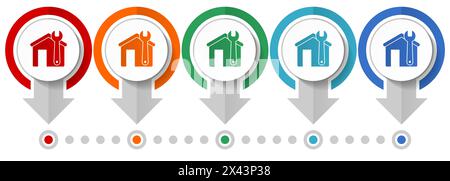 House and spanner vector icon set, flat design infographic template, set pointer concept icons in 5 color options for webdesign and mobile application Stock Vector