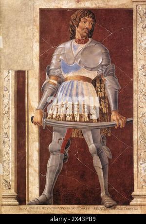 ANDREA DEL CASTAGNO (b. 1423, Castagno, d. 1457, Firenze)  Famous Persons: Pippo Spano c. 1450 Fresco transferred to wood, 250 x 154 cm Galleria degli Uffizi, Florence  The picture shows one of the three Florentine military commanders represented in the cycle.  One of the most successful portrayals is the figure of Pippo Spano, a famous Florentine conottiero (who died in Hungary in 1426), seen as the ideal hero. The masterful draughtsmanship and the perceptive description of the character, shown in a natural pose, confirm the opinion Vasari expressed of Andrea's work: 'He was extremely talente Stock Photo