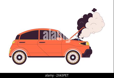 Smoke rising up from broken car 2D linear cartoon object Stock Vector