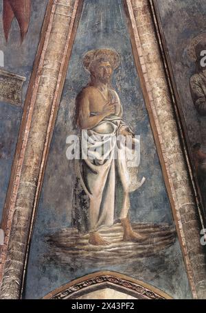 ANDREA DEL CASTAGNO (b. 1423, Castagno, d. 1457, Firenze)  St John the Baptist 1442 Fresco San Zaccaria, Venice  In 1442 Andrea went to Venice where he frescoed the ceiling of the chapel of St Tarasius in the church of San Zaccaria together with an artist known as Francesco da Faenza (probably Francesco Torelli). This is the painter's first signed and dated work, although earlier, presumably in 1440-41, he had already painted a Crucifixion with Saints for the monastery of Santa Maria degli Angeli, today in the hospital of Santa Maria Nuova. Both this painting and the San Zaccaria frescoes depi Stock Photo