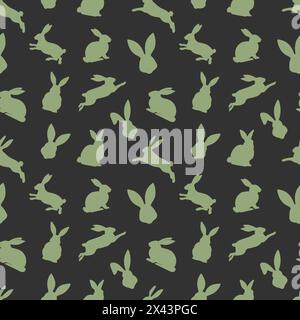 Easter seamless pattern of green rabbit silhouettes in different actions. Festive Easter bunnies design. Isolated on black backdrop. For Easter decora Stock Vector