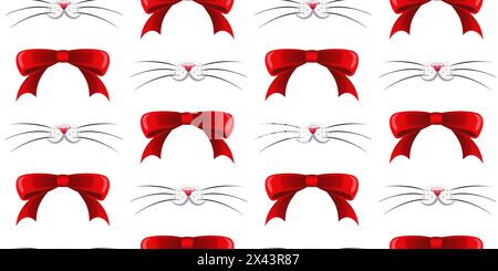 Cute pink nose with pet mustache with red bows on a white background. For fabric, wallpaper, wrapping paper, holiday packaging. Vector illustration. Stock Vector
