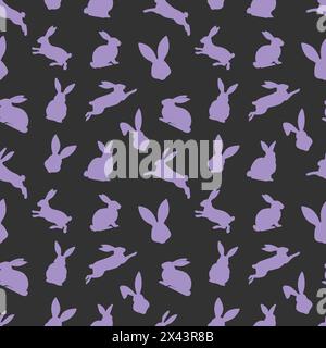 Easter seamless pattern of purple rabbit silhouettes in different actions. Festive Easter bunnies design. Isolated on black background. For Easter dec Stock Vector
