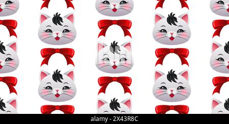 Childish pattern with cute kittens and red ribbon bows on a white background. For fabric, wallpaper, wrapping paper, holiday packaging. Vector illustr Stock Vector