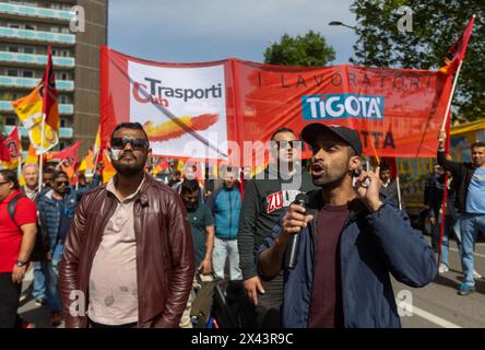 Milano, Italia. 30th Apr, 2024. Corteo dei lavoratori del sindacato Cub di Tigotà contro licenziamenti e chiusura del magazzino di Broni da Via Taramelli alla sede della Regione Lombardia - Cronaca - Milano, Italia - Martedì, 30 Aprile 2024 (foto Stefano Porta/LaPresse) Procession of Tigotà workers against layoffs and closure of the Broni warehouse from Via Taramelli to the headquarters of the Lombardy Region - News - Milano, Italy - Tuesday, April 30, 2024 (photo Stefano Porta/LaPresse) Credit: LaPresse/Alamy Live News Stock Photo