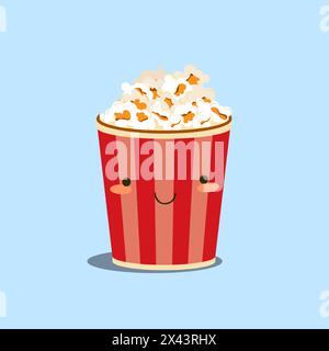 Popcorn character. Pop corn basket. Sweet or salty cinema snack. Red striped box. Happy smiling face. Takeaway cinematography fast food. Cartoon emoji. Unhealthy eating. Vector cheerful meal mascot Stock Vector