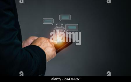concept technology artificial intelligence ai connection chatbot, man use smartphone to input data Interact on the virtual screen. The conversation me Stock Photo