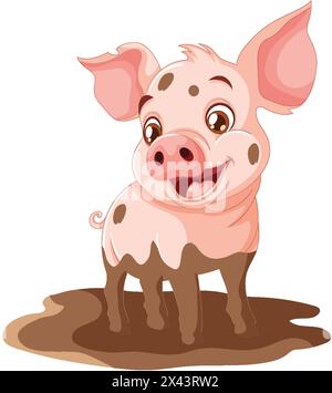 Cheerful cartoon piglet standing in a mud puddle. Stock Vector