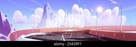 Curvy mountain road in snowy weather. Vector cartoon illustration of empty highway with lanterns, rocky peaks with glacier, white clouds and sun in blue sky, snow and rain falling on slippery asphalt Stock Vector