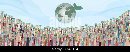 Raised hands of multicultural diverse people holding speech bubble with symbols relating to ecology green and clean environment solar energy recycling Stock Vector
