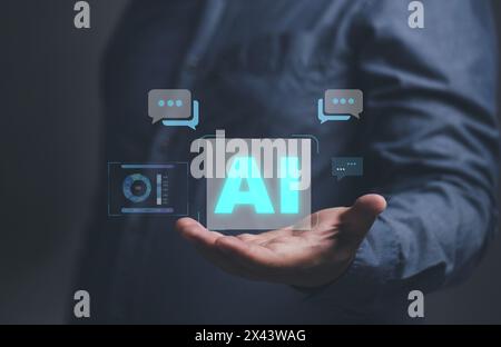 concept technology artificial intelligence ai connection chatbot. man use smartphone to input data Interact on the virtual screen. The conversation me Stock Photo