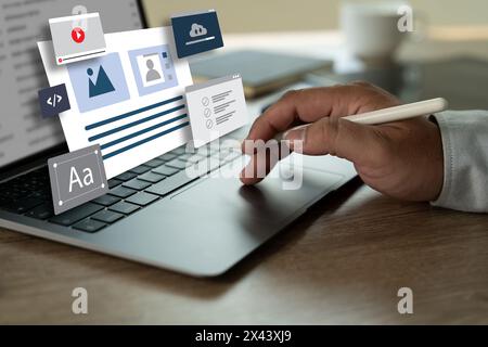 landing page development on a laptop screen LANDING PAGE (SEO concept) Stock Photo