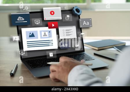 landing page development on a laptop screen LANDING PAGE (SEO concept) Stock Photo