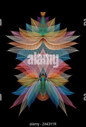 Multi-colored skeleton leaves arranged on black background Stock Photo