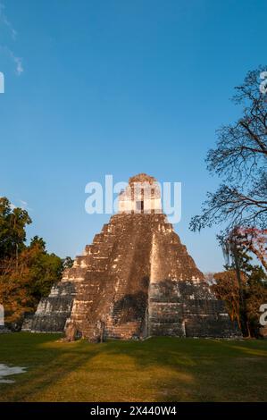 A view of Temple I, also known as the Temple of the Giant Jaguar. Tikal National Park, El Peten, Guatemala. Stock Photo