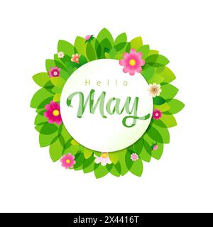 Hello May social media poster. Network timeline story greetings. Green wreath and pink flowers. Isolated round icon. Spring or summer abstract decorat Stock Vector