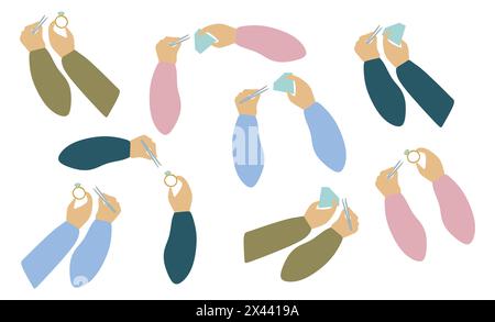 Set of Flat Hands with Gemstones and Rings. Vector Gestures in different positions. Cartoon Jeweler hand Showing, holding and representing Jewelry. Gr Stock Vector
