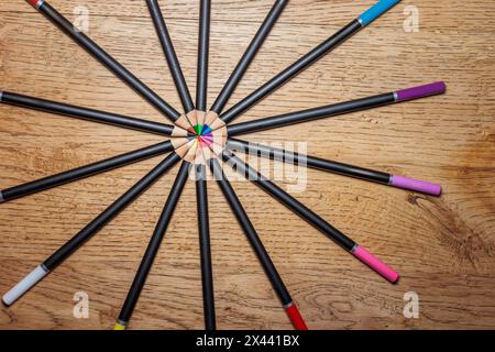 colored pencils with colored leads in circle Stock Photo