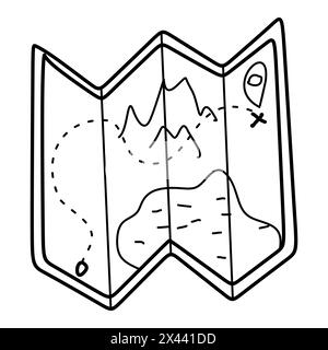 Paper folded Map with a Route editable Doodle hand drawn icon. Map for camping, hiking, local tourism illustration with Point or Tag. Pirate Treasures Stock Vector