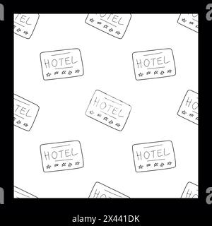 Doodle Seamless Pattern with Sign Hotel with five stars rating. Vector Isolated Background with outline Black outline objects. Travelling and Vacation Stock Vector