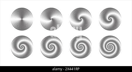 Circular ripple icons. Set of concentric circles with swirled dotted lines isolated on white background. Whirlwind, vortex or tornado, sonar signal or Stock Vector