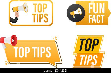 Top tips text with Megaphone label set. Megaphone in hand promotion banner. Marketing and advertising Stock Vector