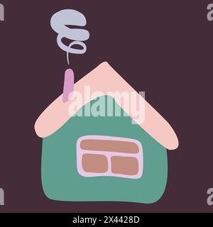 Small Colorful crooked house in Flat style with Smoke from Chimney, Roof and Window. Cartoon Children drawing Vector Isolated illustration. Design art Stock Vector