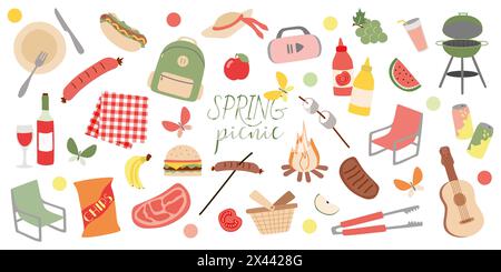 Outdoor elements. Picnic set illustration. Vector Collection of BBQ Objects isolated on white with Fruits, Food, Grill, Chips, Lemonade. Hand Drawn Su Stock Vector