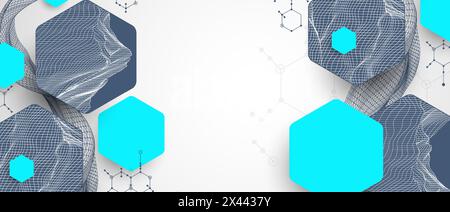 Scientific and technological background. Wireframe wave with hexagons of different types on a gray gradient. Stock Vector