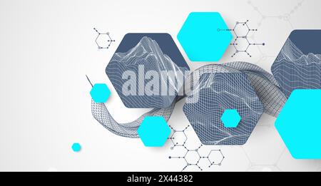 Scientific and technological background. Wireframe wave with hexagons of different types on a gray gradient. Stock Vector