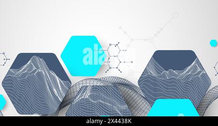 Scientific and technological background. Wireframe wave with hexagons of different types on a gray gradient. Stock Vector