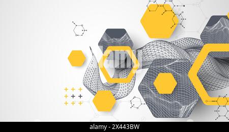 Scientific and technological background. Wireframe wave with hexagons of different types on a gray gradient. Stock Vector